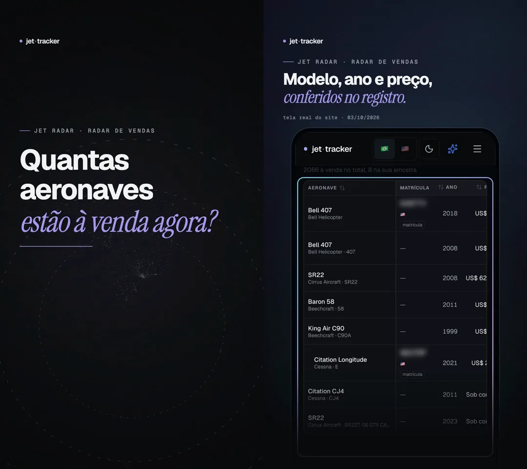 Dois quadros do vídeo do Radar de Vendas: a pergunta quantas aeronaves estão à venda agora e a lista de anúncios no app