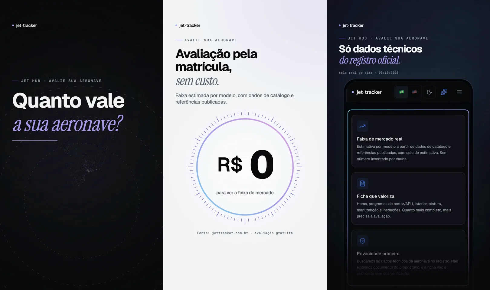 Três quadros do vídeo da avaliação: a pergunta quanto vale a sua aeronave, a avaliação pela matrícula e a tela do app