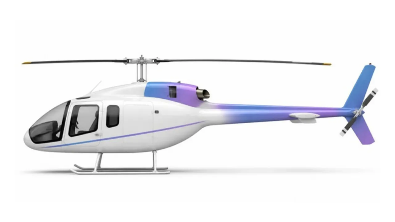 Ilustração do perfil lateral do Bell 505, com a pintura da marca Jet Tracker