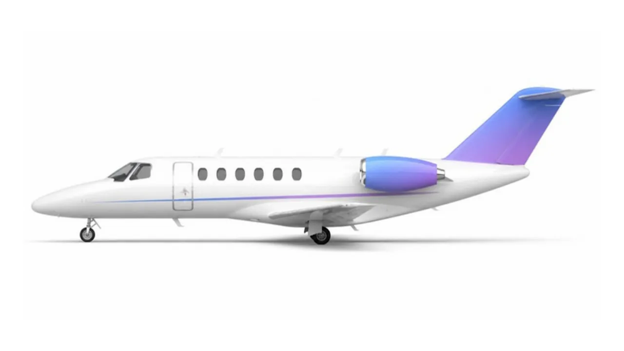 Ilustração do perfil lateral do Citation CJ3, com a pintura da marca Jet Tracker