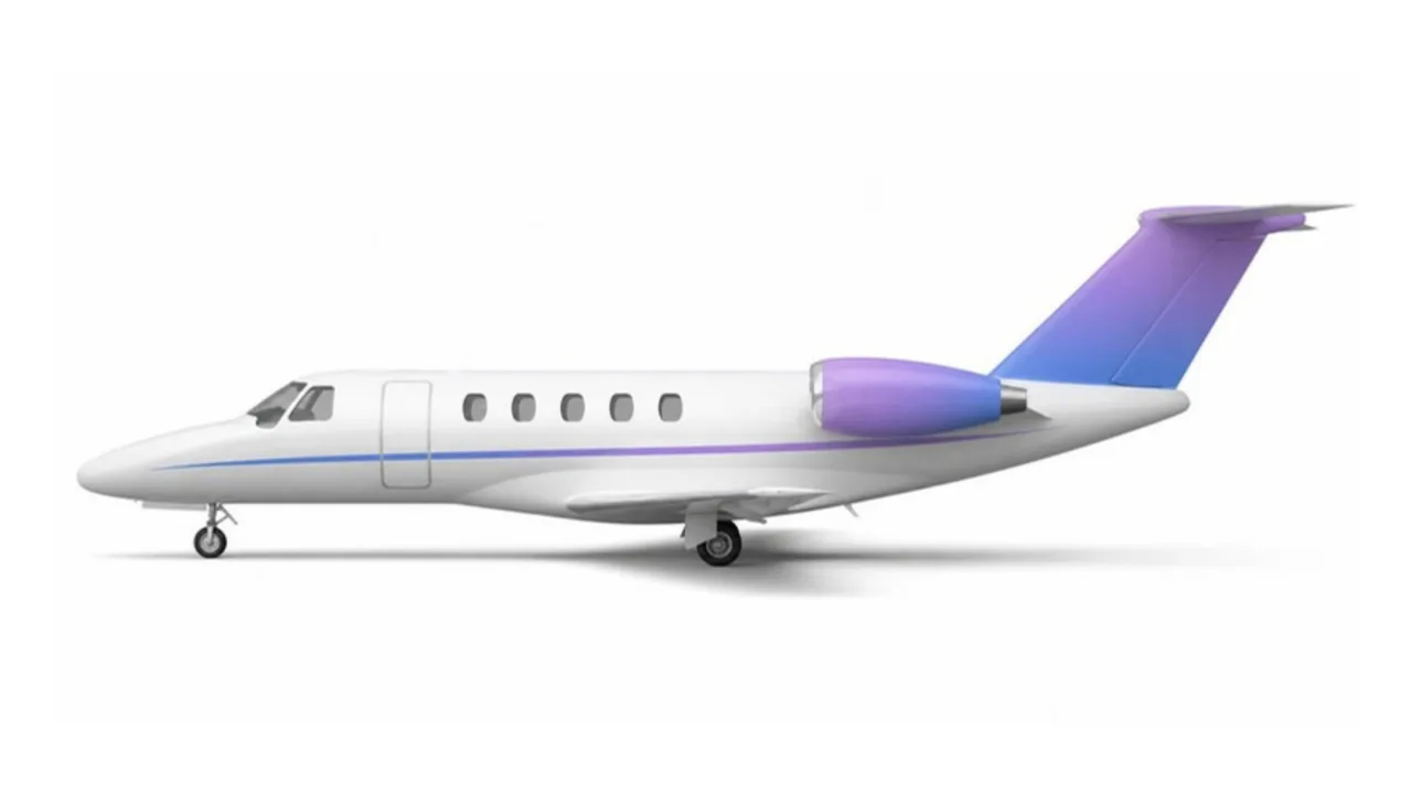 Ilustração do perfil lateral do Citation CJ4, com a pintura da marca Jet Tracker