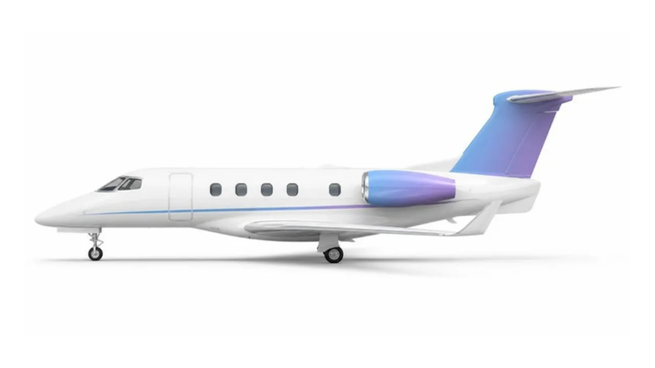Ilustração do perfil lateral do Phenom 300, o jato leve de referência, com a pintura da marca Jet Tracker