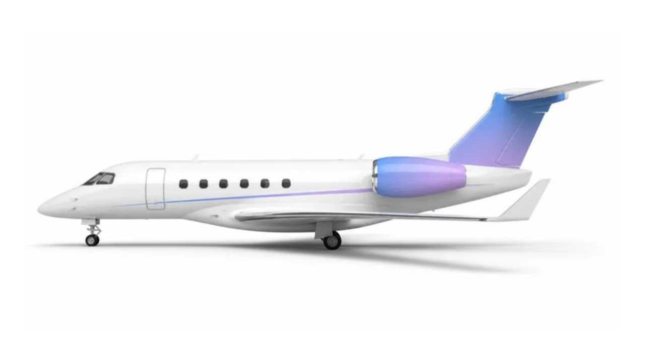 Ilustração do perfil lateral do Legacy 500, com a pintura da marca Jet Tracker