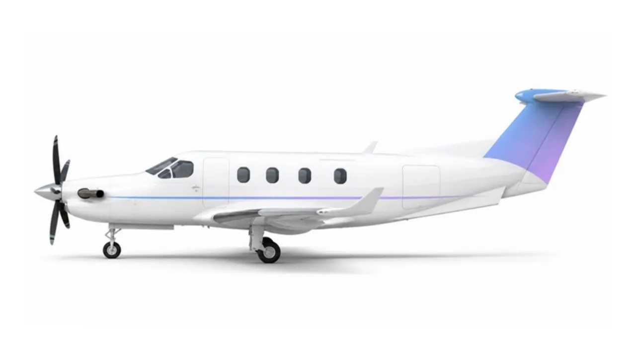 Ilustração do perfil lateral do Pilatus PC-12, o menor custo por hora da tabela, com a pintura da marca Jet Tracker
