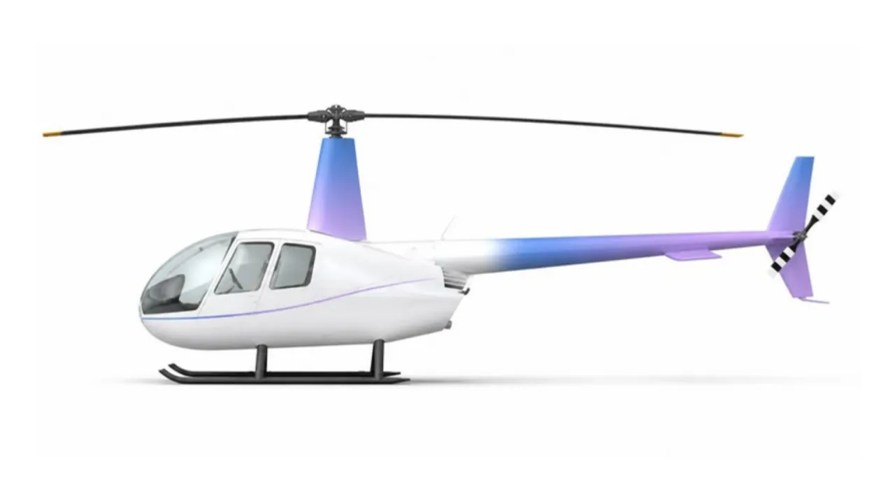 Ilustração do perfil lateral do Robinson R44, com a pintura da marca Jet Tracker