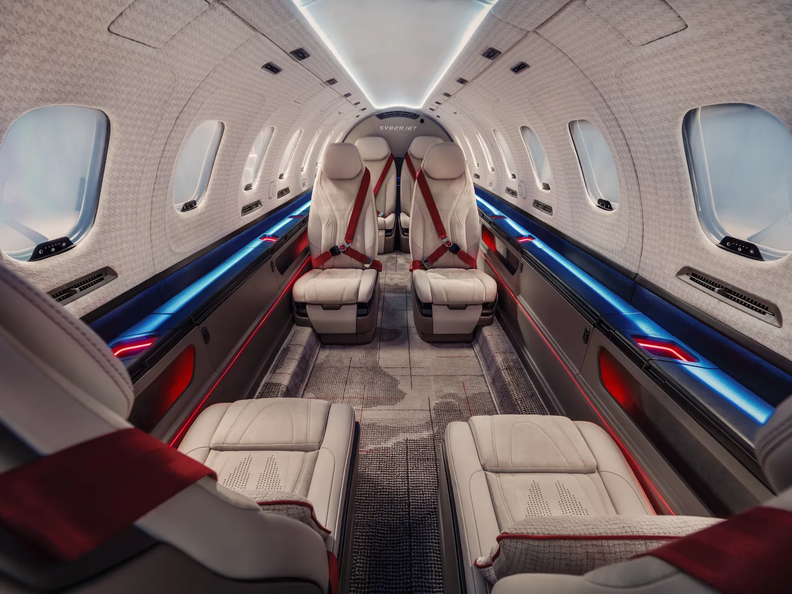 SyberJet SJ36 passenger cabin with light leather seats, red accents and blue lighting